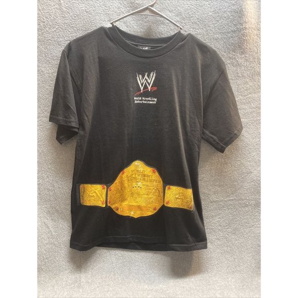 WORLD WRESTLING ENT Youth L Black SHIRT Gold Championship Belt SS Crew WWE WWF - Picture 1 of 6